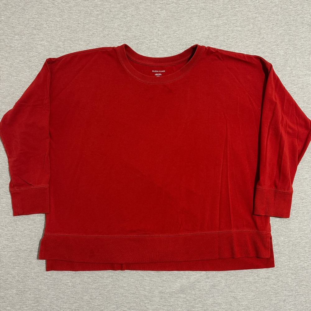 Eileen Fisher Red Organic Cotton Boxy Long Sleeve Top High Low Hem Women Size XL